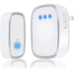 Sonnette de Porte Sans Fil Design "Chrome & Blanc" – Kit Carillon Étanche avec LED Bleue